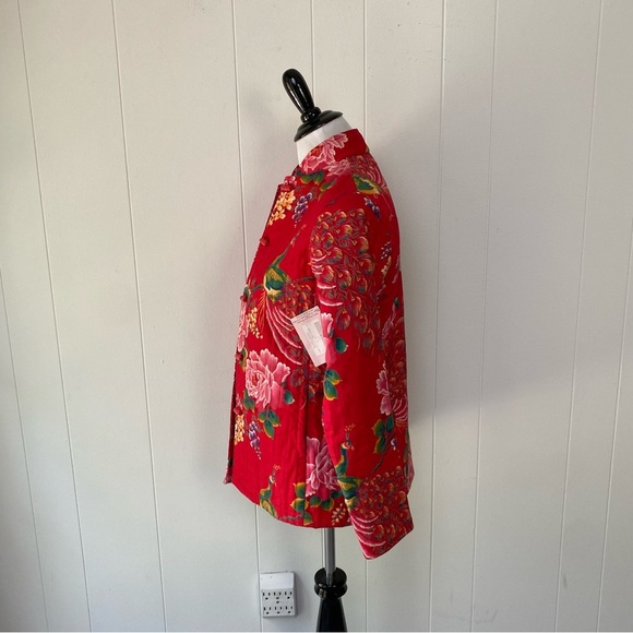 VTG Floral Peacock Mandarin Collar Jacket M 18”PTP Red Boho Chic Retro Artsy - Picture 10 of 16